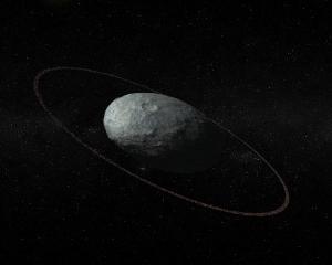 Artist concept of Haumea. The ring is darker than the planet's surface and roughly 2,300 kilometers from its center.