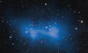 Hubble image of the El Gordo supercluster with the estimated dark matter highlighted in blue.