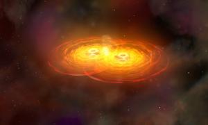 An illustration of two merging galaxies setting spacetime ringing with gravitational waves.