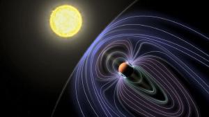 Artistic rendering of the Tau Boötes b system, showing the planet and its magnetic field.