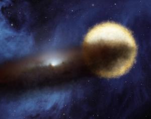 Artist concept of Epsilon Aurigae and a nearby cloud.