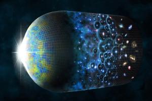 An illustration of the cosmos beginning with the Big Bang, expanding, but decelerating over time.