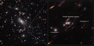 A central oval identifies the Firefly Sparkle galaxy, which is similar to a young Milky Way.