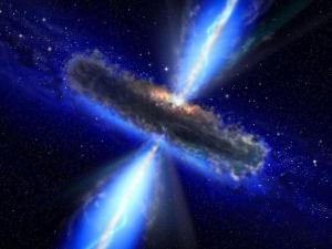 Particle jets shoot from a galaxy's central supermassive black hole in an artist's rendering.