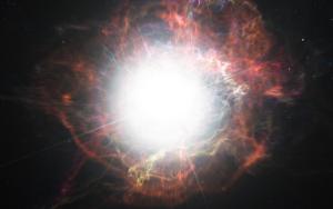 This artist’s impression shows dust forming in the environment around a supernova explosion.