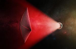An artists rendering of how a solar sail might be powered by a radio beam from the surface of a planet.