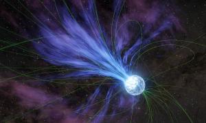 Illustration shows an outburst from a magnetar, caused by an impact with an interstellar body.