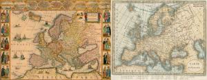 Left: Willem Bleu’s 1650 map of Europe. Right: Robert Janvier’s 1764 map of Europe.