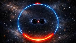 Simulation of the gravitational lensing of starlight by a binary black hole.