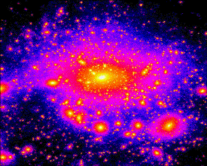 Image from a supercomputer simulation shows dark matter as bright clumps near the Milky Way.