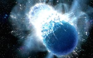 Illustration of two neutron stars colliding to produce a supernova.