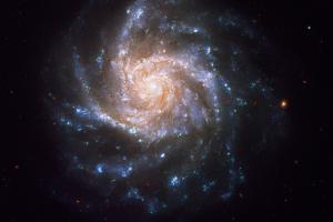 The bluish-white spiral galaxy NGC 1376 hangs delicately in the cold vacuum of space.