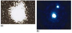 Left: first image of Pluto with moon Charon.<br>Right: more modern Hubble image.