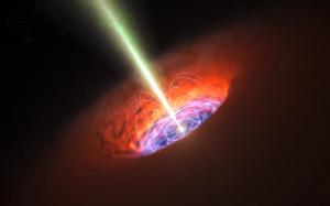 Artist's impression of an inner accretion flow and a jet from a supermassive black hole.