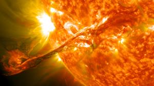 A solar flare erupts on the Sun.