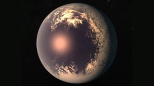 Illustration of the tidally locked world TRAPPIST-1f.