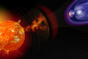 Illustration of a solar flare striking Earth.