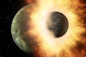 Artist's concept of a celestial body about the size of our moon slamming at great speed into a body the size of Mercury.