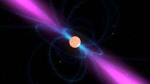 Illustration of a pulsar with powerful magnetic fields.