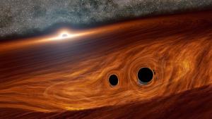 Artist view of small black holes in the accretion disk of a supermassive black hole.