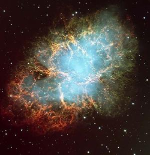 The supernova remnant known as the Crab nebula.