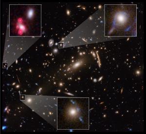The supercluster MACS J1206 seen with lensing near individual galaxies.