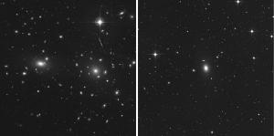 Comparison of the sparse NGC 1600 galaxy group (right) with the dense Coma Cluster (left) which is at least 10 times more massive than the NGC 1600 group. 