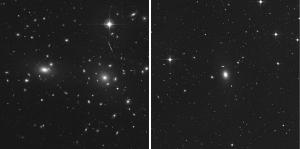 Comparison of the sparse NGC 1600 galaxy group (right) with the dense Coma Cluster (left) which is at least 10 times more massive than the NGC 1600 group. 