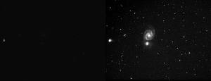 Left: A raw FITS image. Right: The same image with brightness and contrast enhanced.