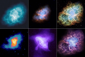 Top Row (left to right): The Crab Nebula at radio, infrared and visible wavelengths. Bottom Row (left to right): ultraviolet, x-ray, and a false-color composition of the full range.
