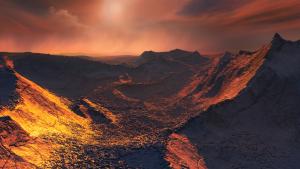 Artist depiction of the surface of a super-Earth orbiting Barnard's Star.