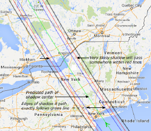 Predicted path of the Regulus occultation.