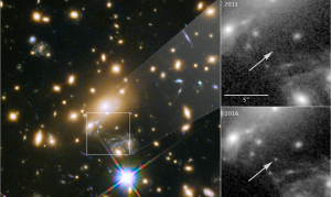 A distant star is magnified by the effects of gravitational lensing.