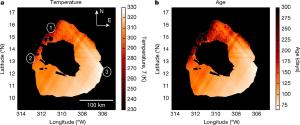 Map of Loki Patera showing the variation in brightness and temperature.