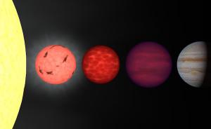Artist’s depiction of an ultra-cool dwarf star like TRAPPIST-1 (left) with brown dwarfs of 65 and 30 Jupiter masses (center) and Jupiter (left).