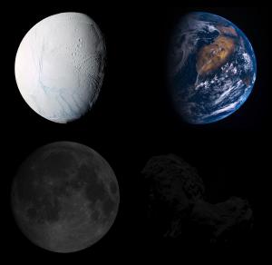 Images of Enceladus, the Earth, the Moon, and Comet 67P/C-G, with their relative albedos, scaled correctly.