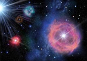 Artist's rendition of massive, luminous first-generation stars in the Universe.