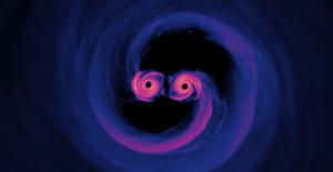 A simulation of merging black holes.