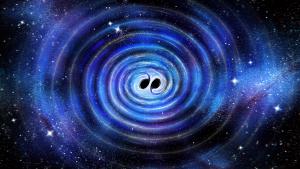 Illustration of two black holes about to merge.