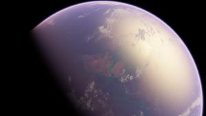 Artist's impression of Earth in the early Archean with a purplish hydrosphere and coastal regions.