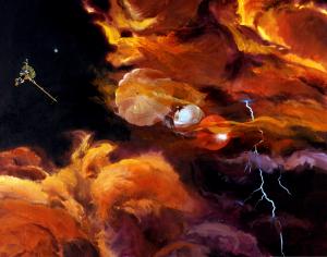 Artist impression of the Galileo probe descending into Jupiter's atmosphere.