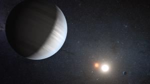 Artist impression of Kepler-47, a Neptune-sized world orbiting two stars.