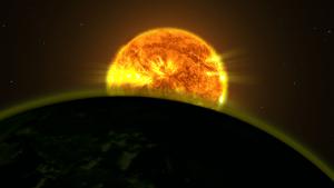 A sun rises over the limb of a distant exoplanet.