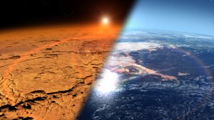 Conceptual image comparing present day Mars to its wet past.