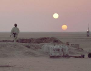 In Star Wars, Tatooine’s two suns are similar in size, implying Tatooine orbits both stars.