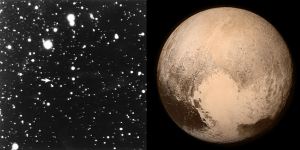 Tombaugh's first photographic image of Pluto (left) vs A recent image from New Horizons (right).