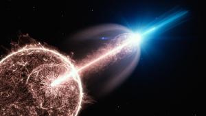 An artist's depiction of a gamma-ray burst's relativistic jet full of very-high-energy photons breaking out of a collapsing star.