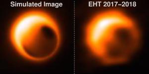 The left is a simulation of what the region near a black hole would look like at the 1.3 mm range, according to general relativity. The right is a simulation of what it might look like to the Event Horizon Telescope.