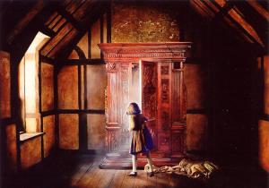 Lucy enters the wardrobe to Narnia.