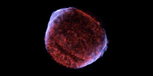 Chandra's false-color image of SN 1006 shows X-rays from multimillion degree gas (red/green) and high-energy electrons (blue).
